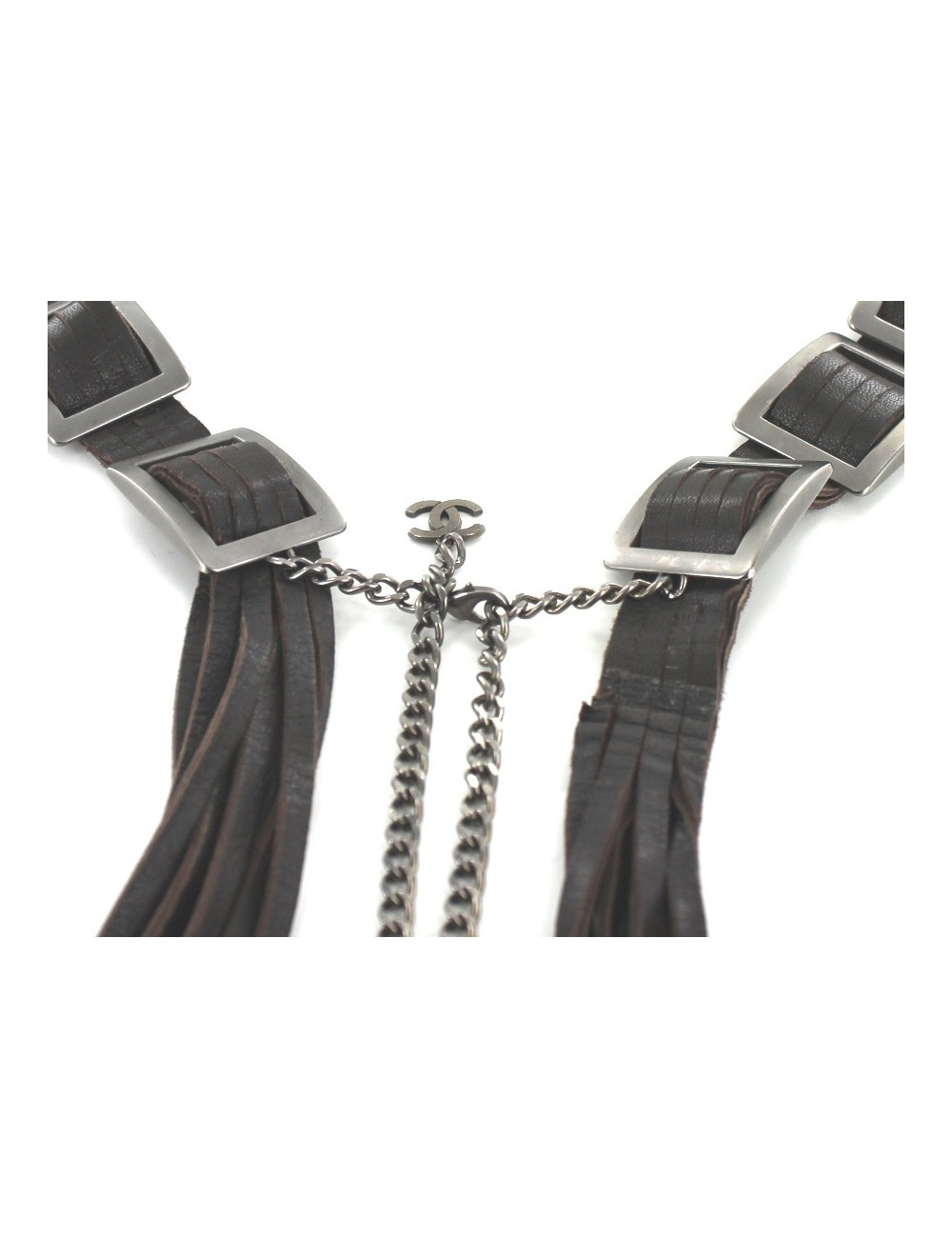 Ceinture CHANEL marron en cuir et boucles carrées argent