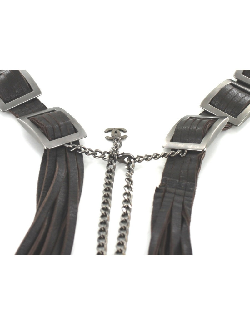 Ceinture CHANEL marron en cuir et boucles carrées argent