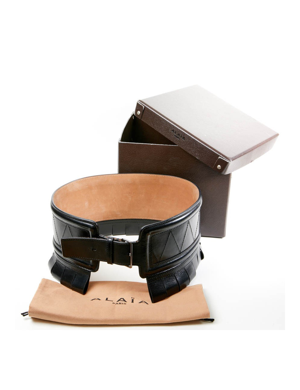 Ceinture ALAIA large cuir box noir t 70