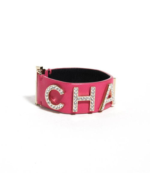 Bracelet CHANEL cuir rose et strass