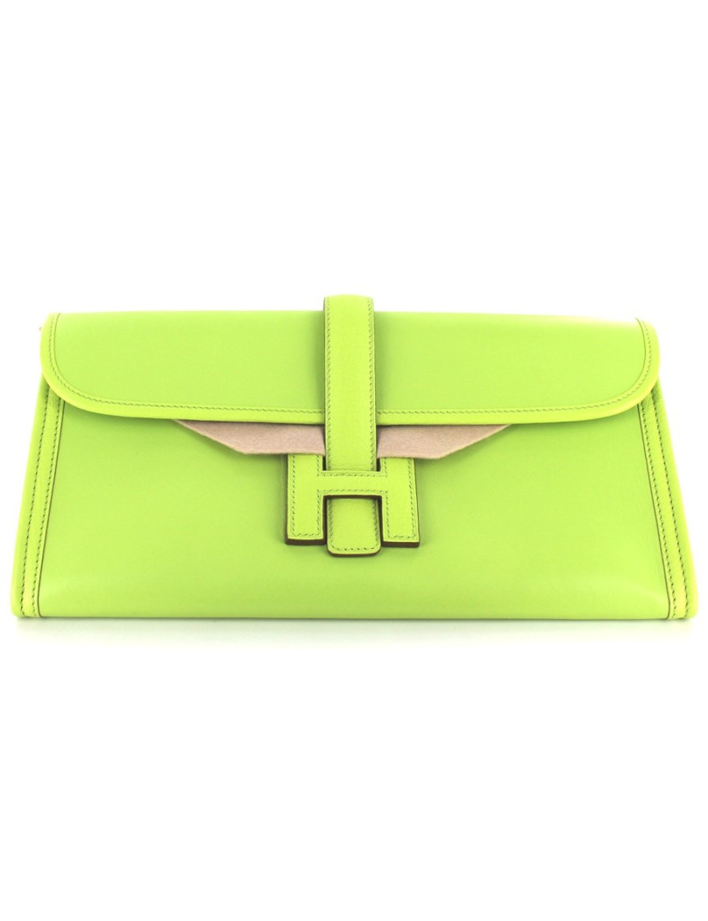 Pochette JIGE HERMES moyen modèle en cuir vert pomme acidulée