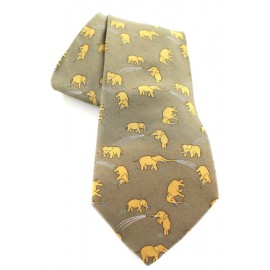 HERMES tie in khaki silk and elephants
