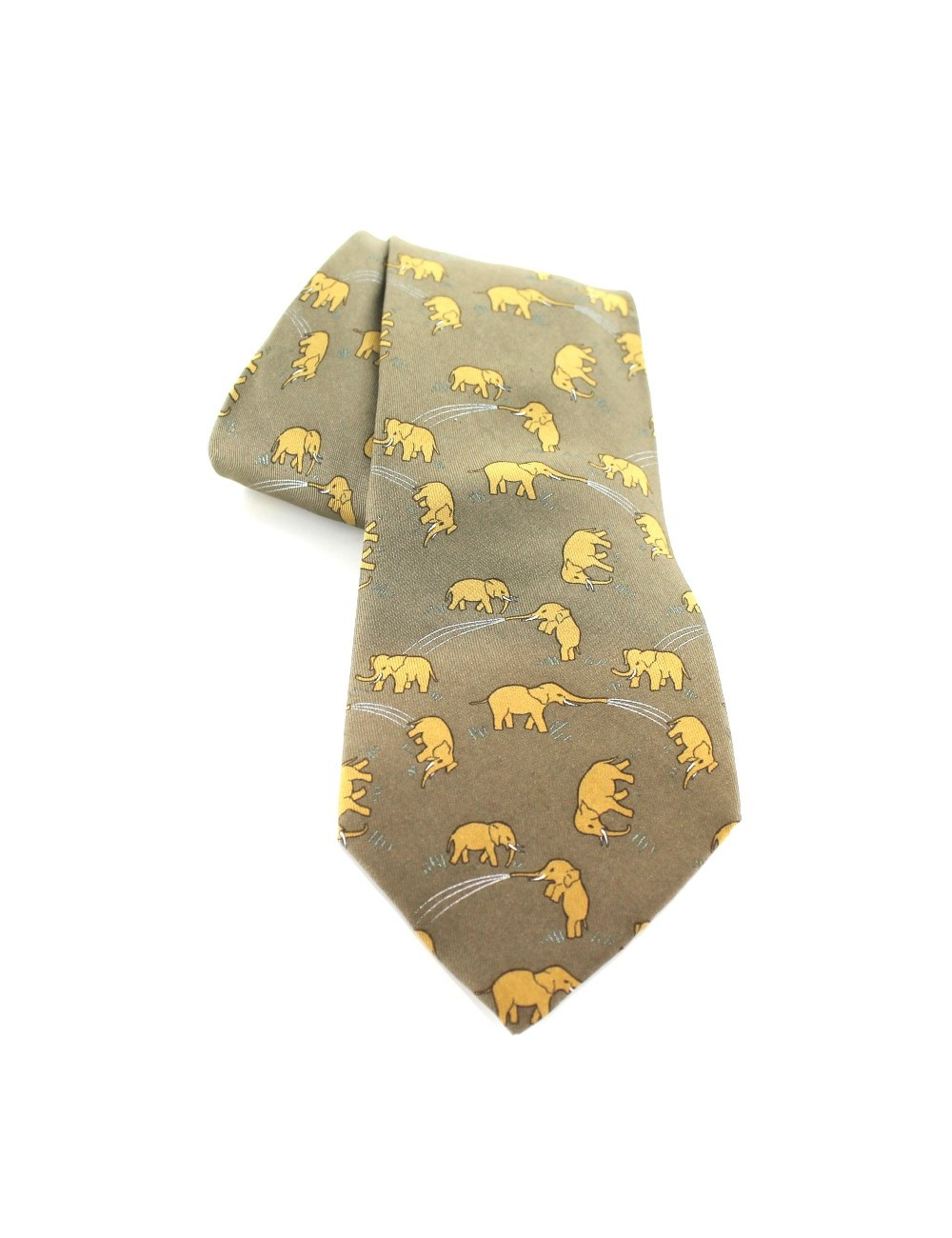 Cravate HERMES en soie kaki et éléphants