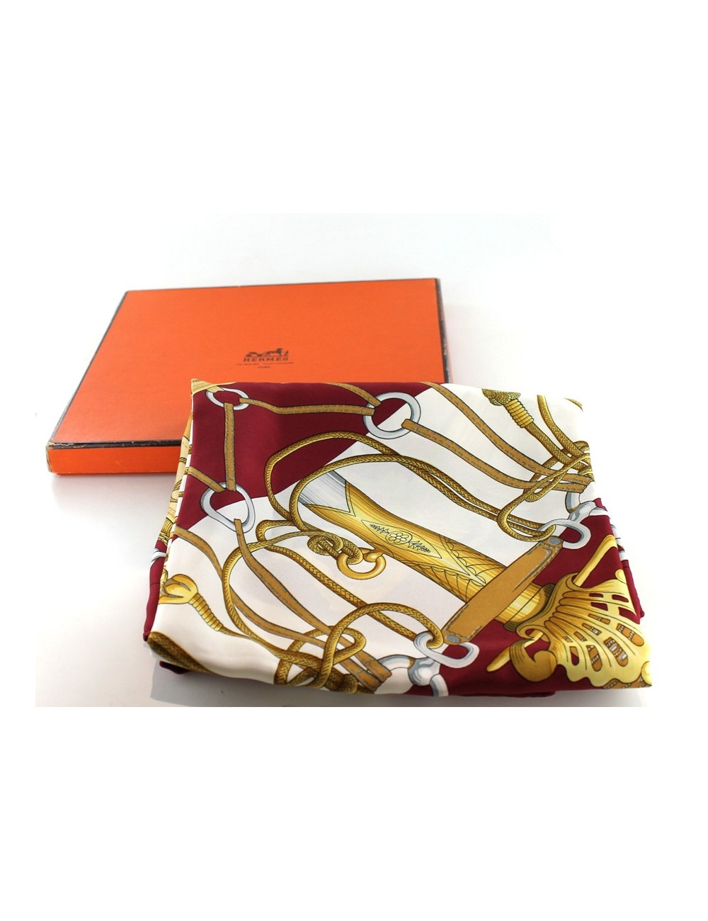 Foulard HERMES Cliquetis en soie bordeaux crème et doré