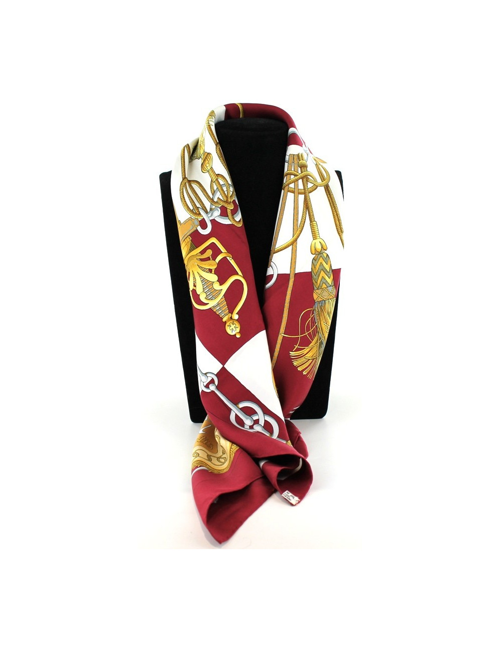Foulard HERMES Cliquetis en soie bordeaux crème et doré