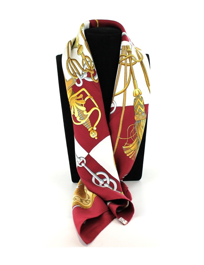 Foulard HERMES Cliquetis en soie bordeaux crème et doré