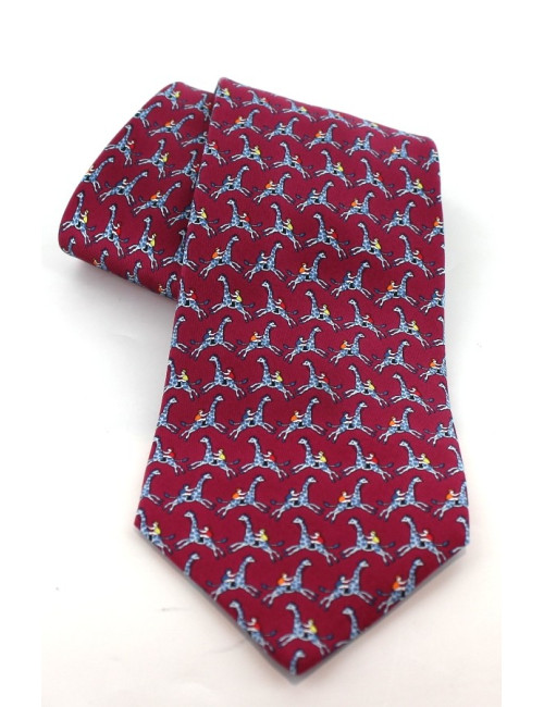 Cravate HERMES en soie bordeaux imprimé chevaux