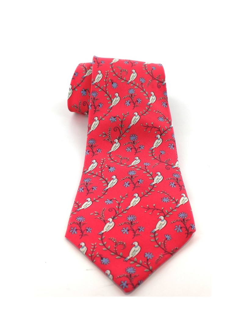 Cravate HERMES en soie rose imprimé oiseaux