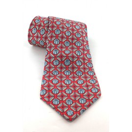 Cravate HERMES en soie rose imprimé "pastèques" bleu ciel
