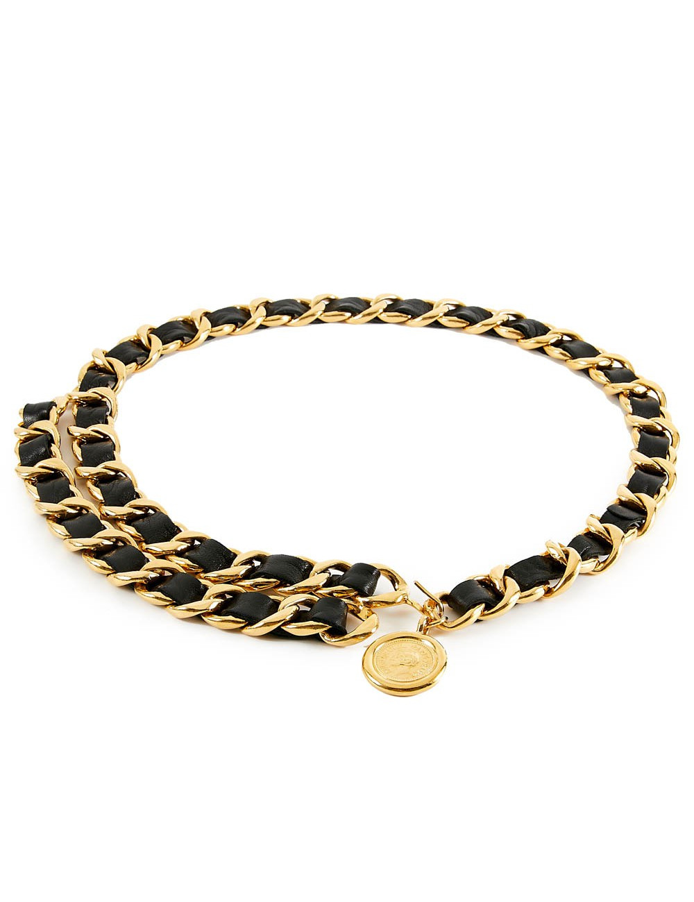 Ceinture CHANEL chaine dorée entrelacée de cuir noir Vintage