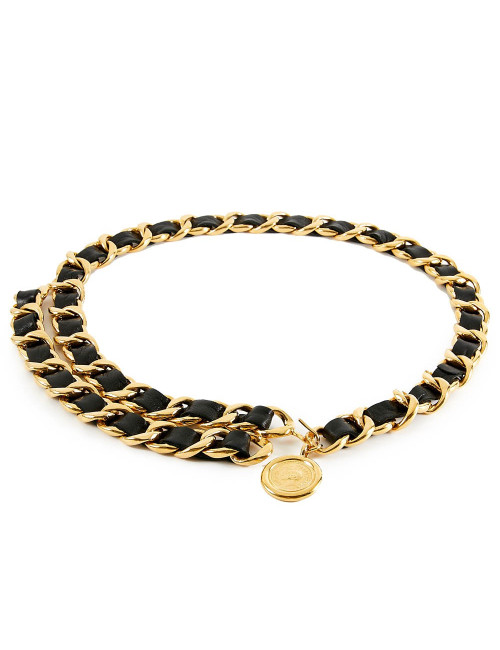 Ceinture CHANEL chaine dorée entrelacée de cuir noir Vintage