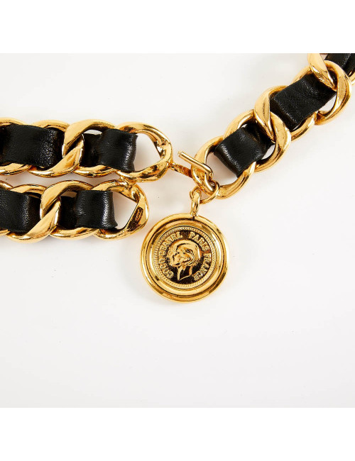 Ceinture CHANEL chaine dorée entrelacée de cuir noir Vintage