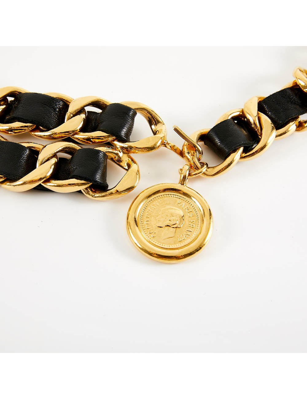 Ceinture CHANEL chaine dorée entrelacée de cuir noir Vintage