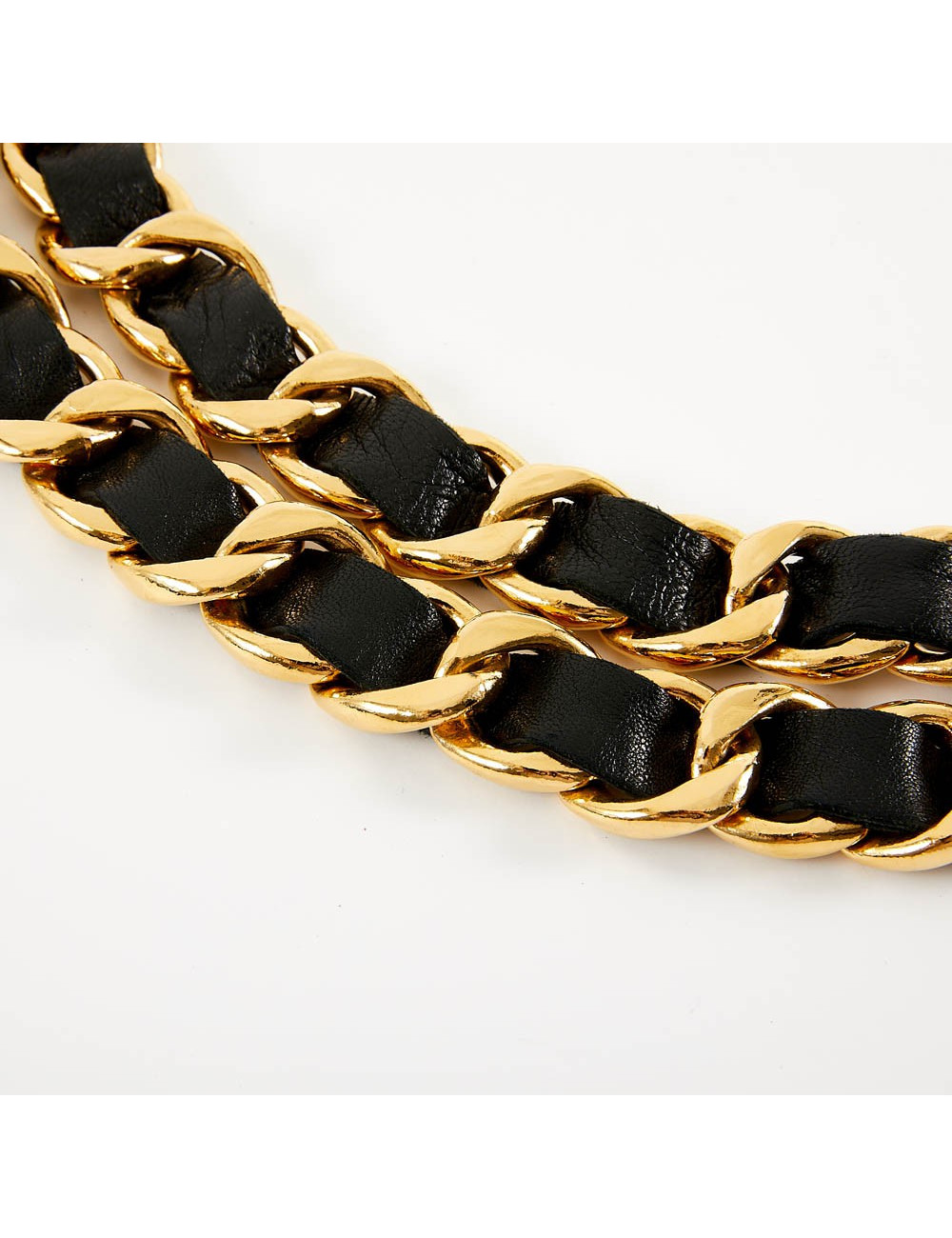 Ceinture CHANEL chaine dorée entrelacée de cuir noir Vintage
