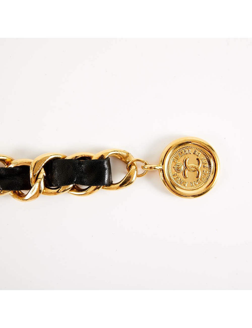 Ceinture CHANEL chaine dorée entrelacée de cuir noir Vintage