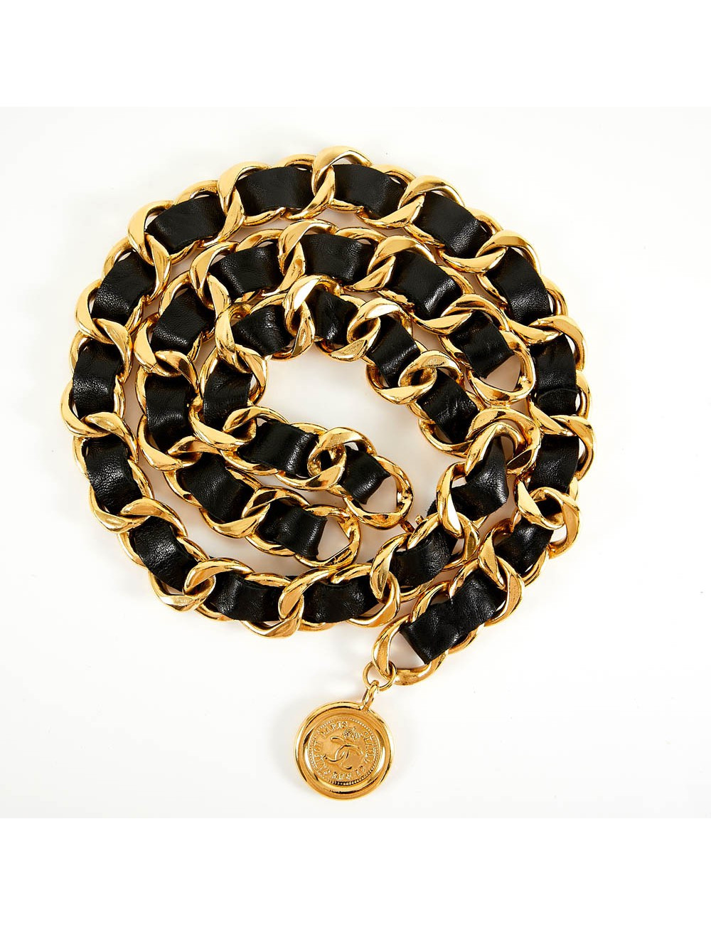 Ceinture CHANEL chaine dorée entrelacée de cuir noir Vintage