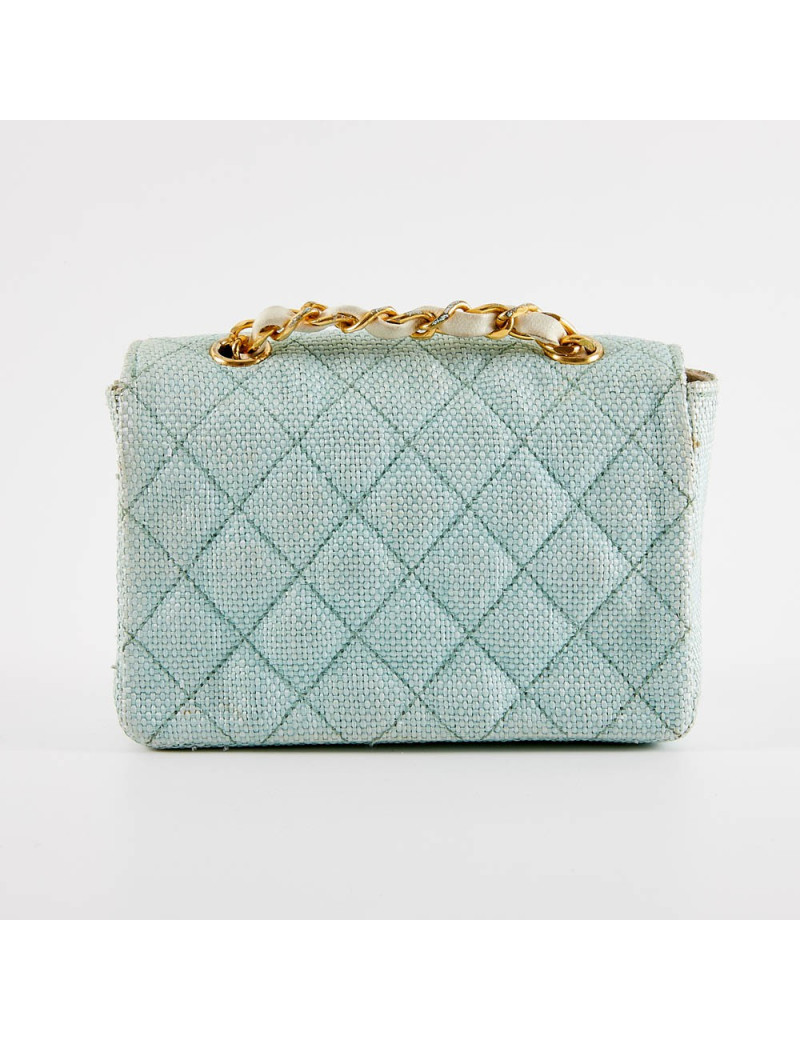 Mini sac CHANEL tissu paille vert d'eau