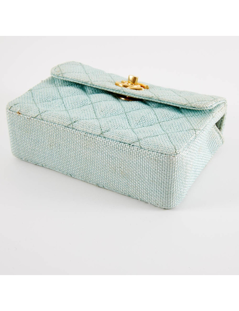 Mini sac CHANEL tissu paille vert d'eau