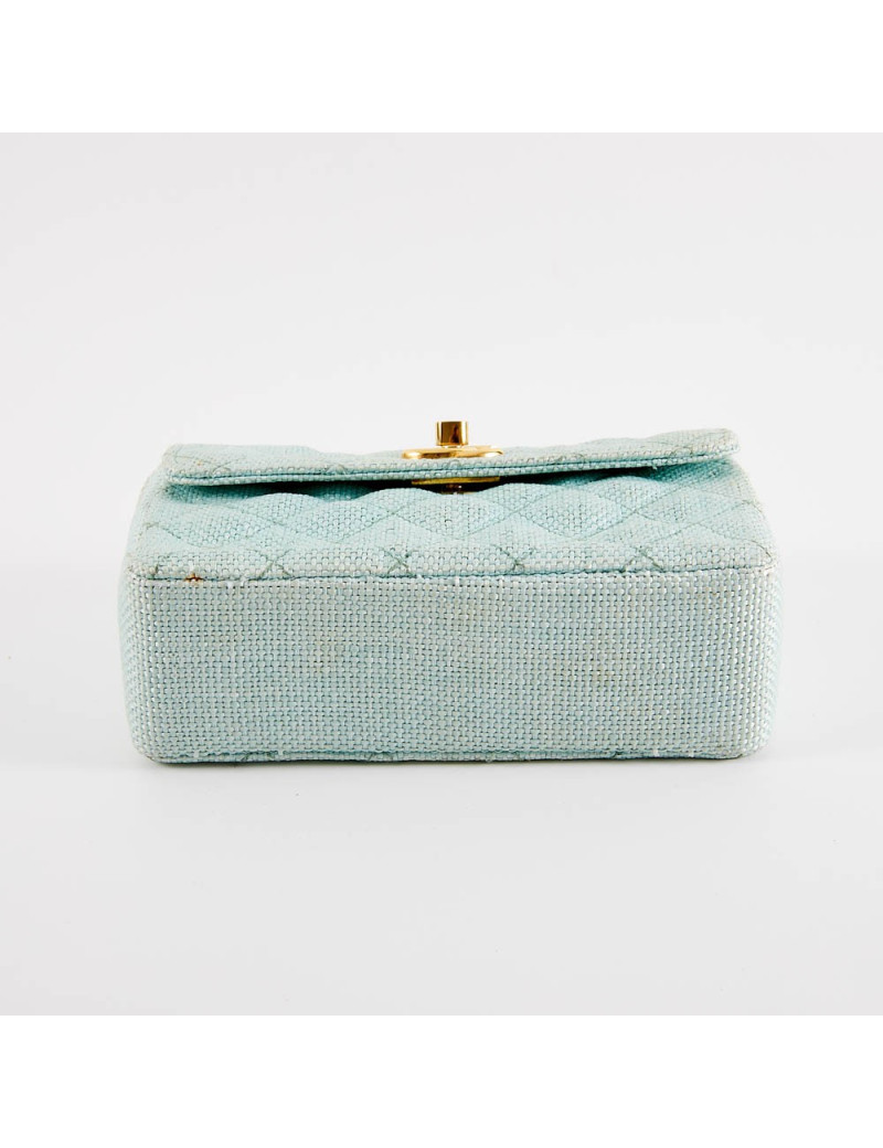 Mini sac CHANEL tissu paille vert d'eau