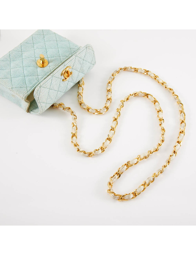 Mini sac CHANEL tissu paille vert d'eau
