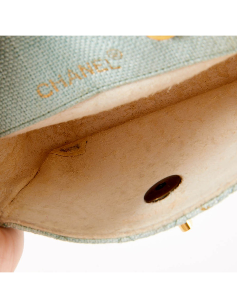 Mini sac CHANEL tissu paille vert d'eau