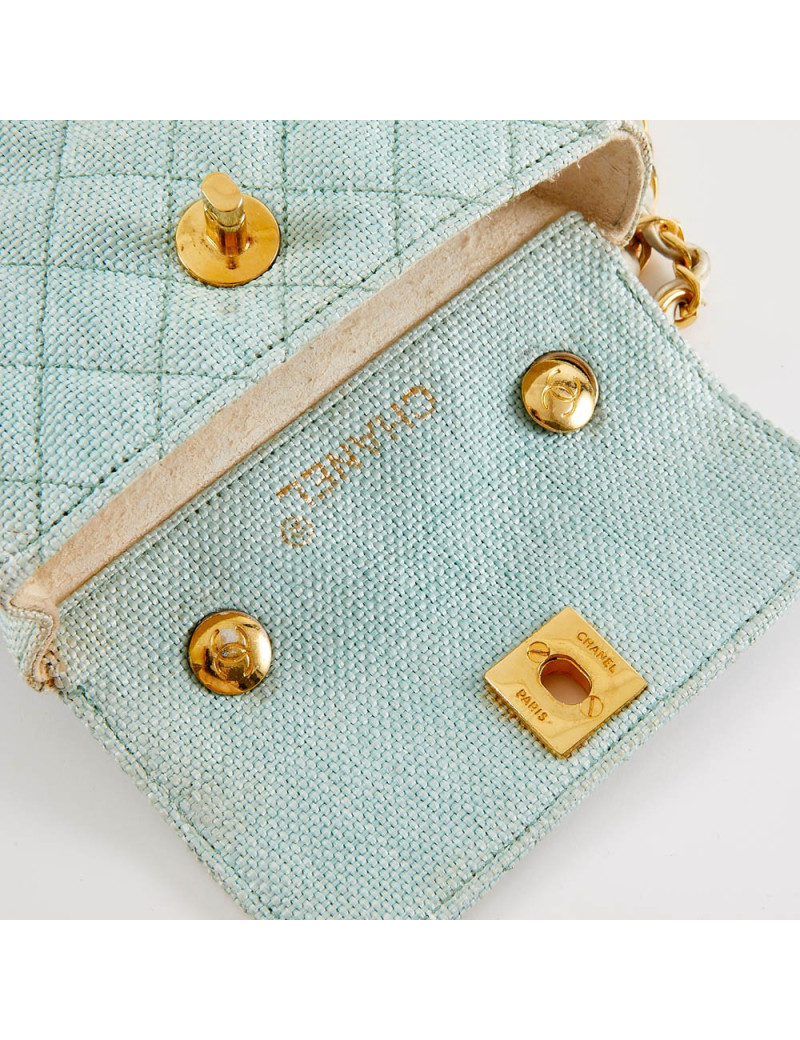 Mini sac CHANEL tissu paille vert d'eau