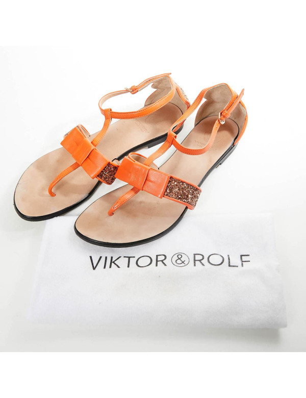 Sandales plates T 38 VIKTOR ROLF cuir et paillettes oranges 2