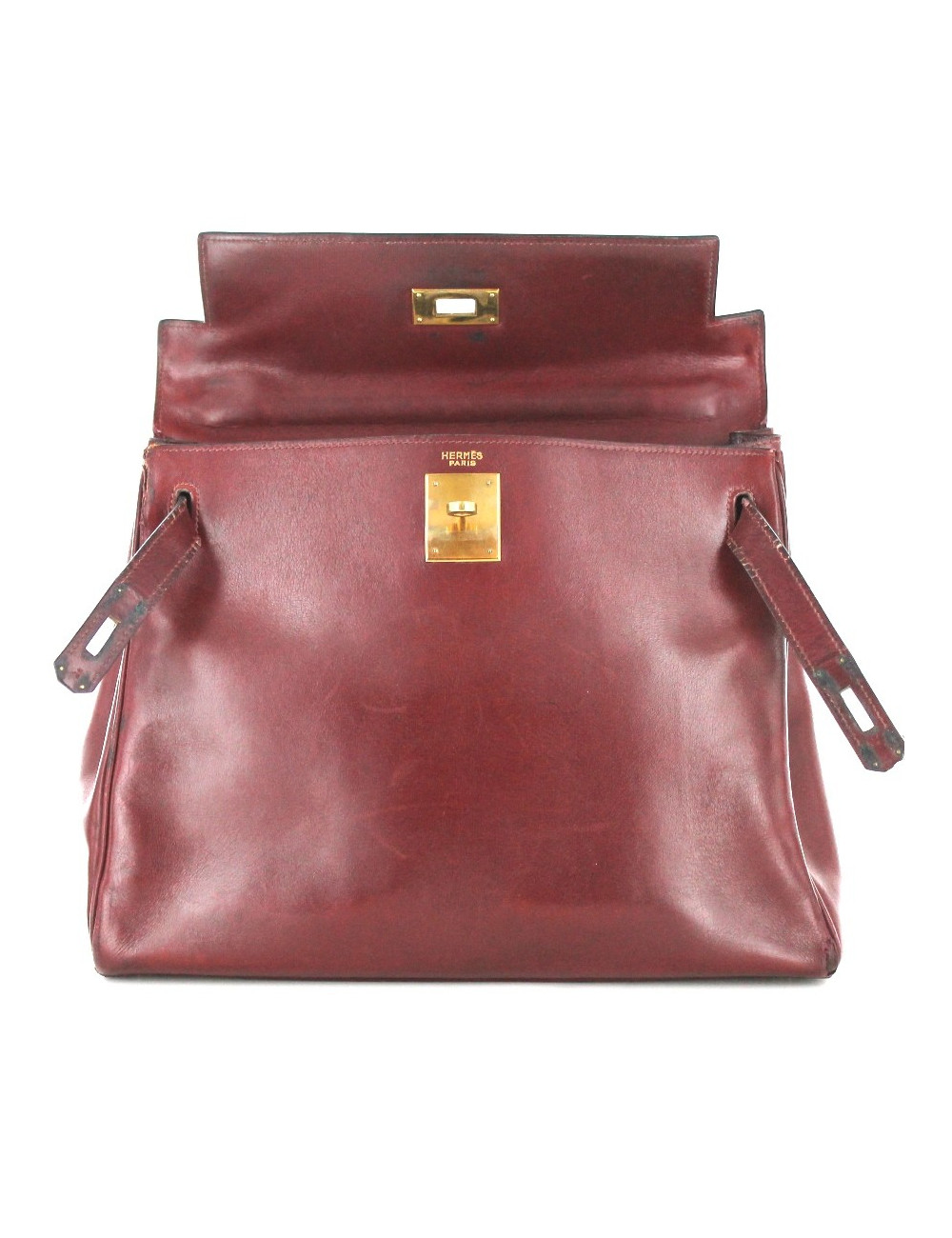 KELLY 28 HERMES vintage en cuir bordeaux bijouterie dorée