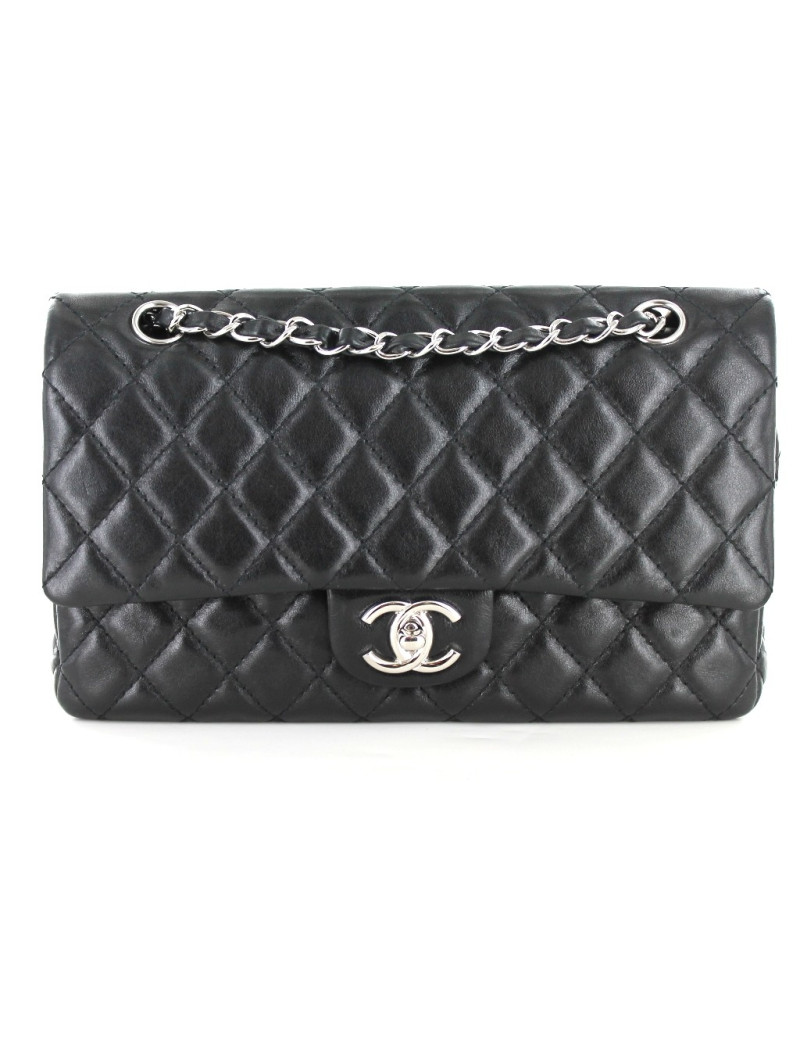 Sac CHANEL TIMELESS en cuir d'agneau noir et chaîne argent