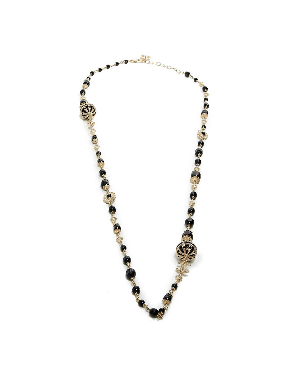 Sautoir CHANEL chaîne dorée et perles noires