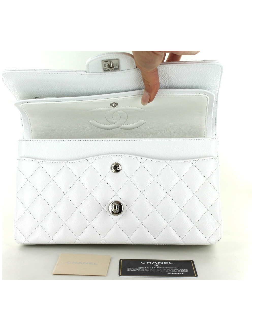 Sac CHANEL TIMELESS en veau grainé blanc chaîne argent