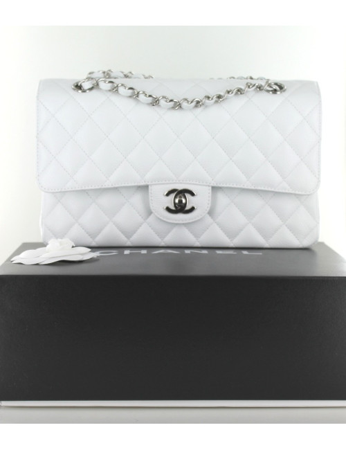 Sac CHANEL TIMELESS en veau grainé blanc chaîne argent