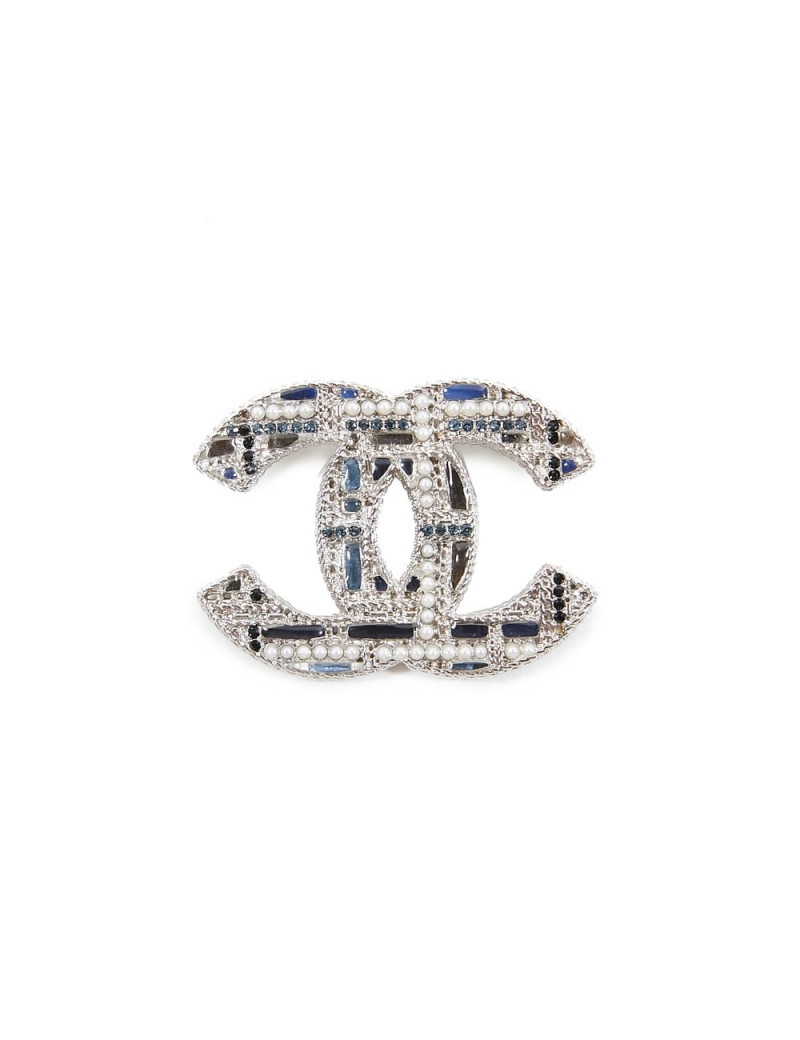 Broche CHANEL filigrane argent bleu perles nacrées
