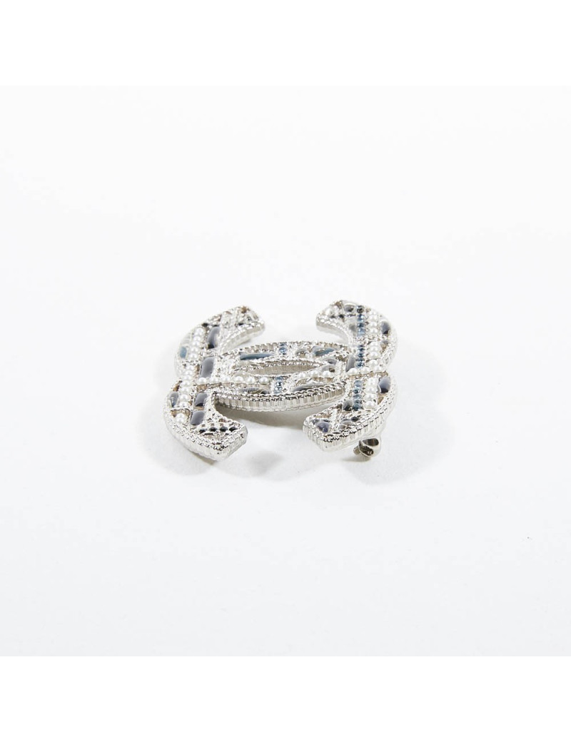 Broche CHANEL filigrane argent bleu perles nacrées
