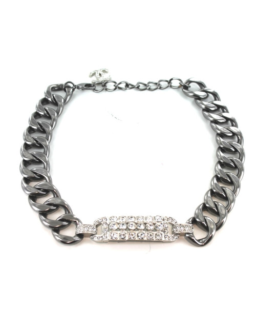 Collier CHANEL exceptionnel chaîne gourmette et plaque sertie de strass