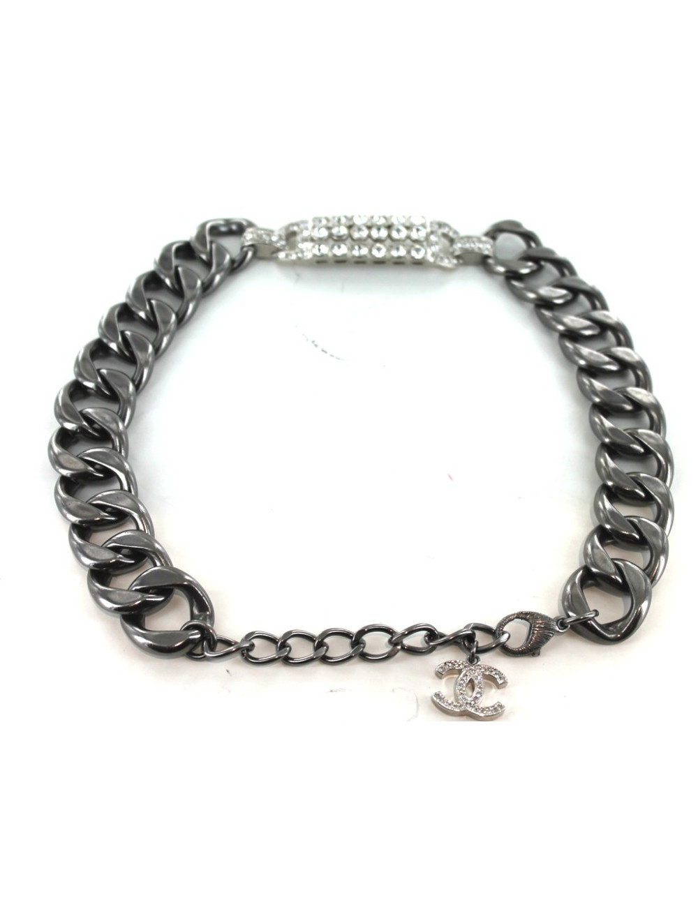 Collier CHANEL exceptionnel chaîne gourmette et plaque sertie de strass