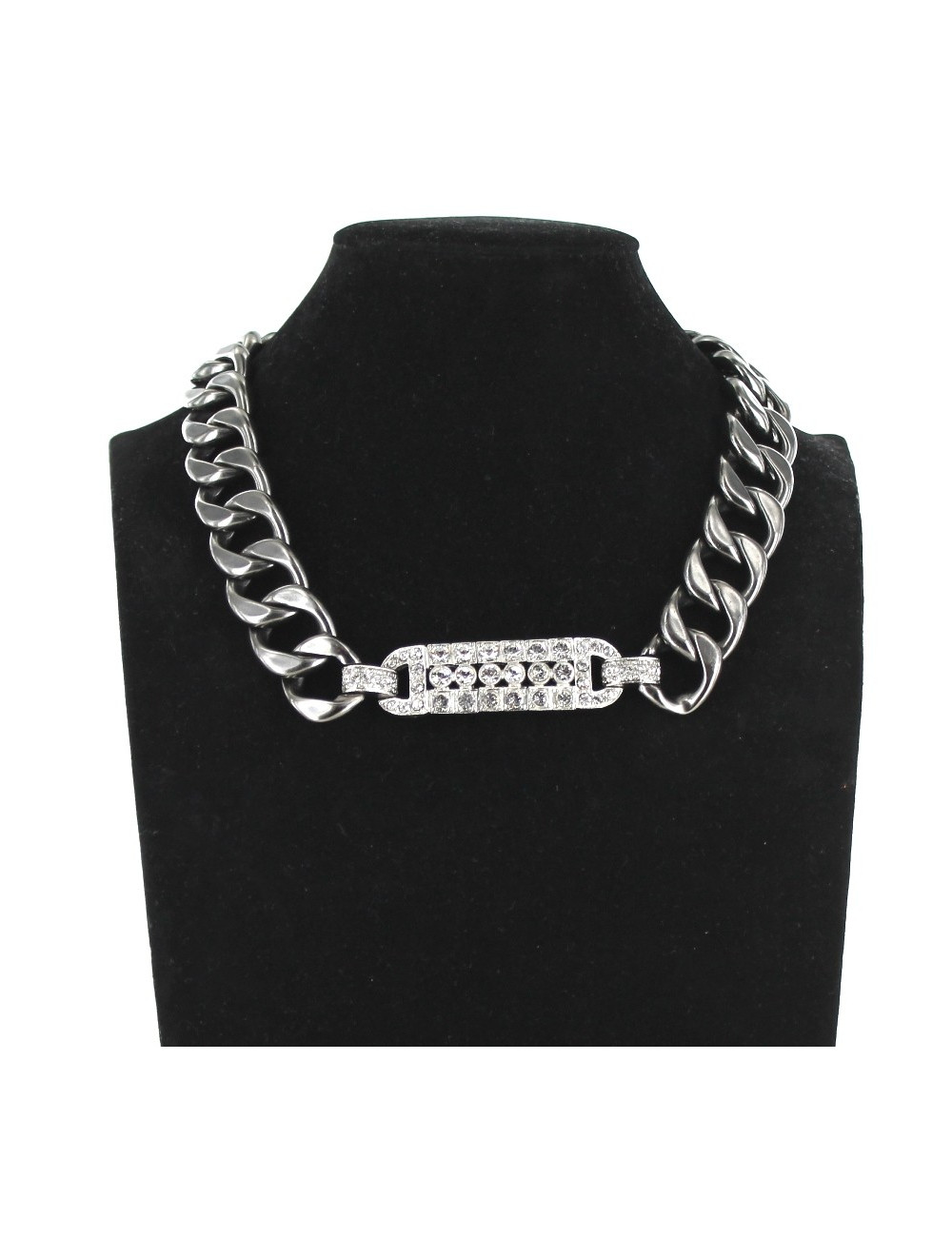 Collier CHANEL exceptionnel chaîne gourmette et plaque sertie de strass