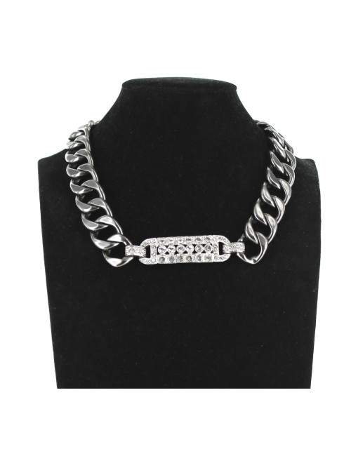 Collier CHANEL exceptionnel chaîne gourmette et plaque sertie de strass