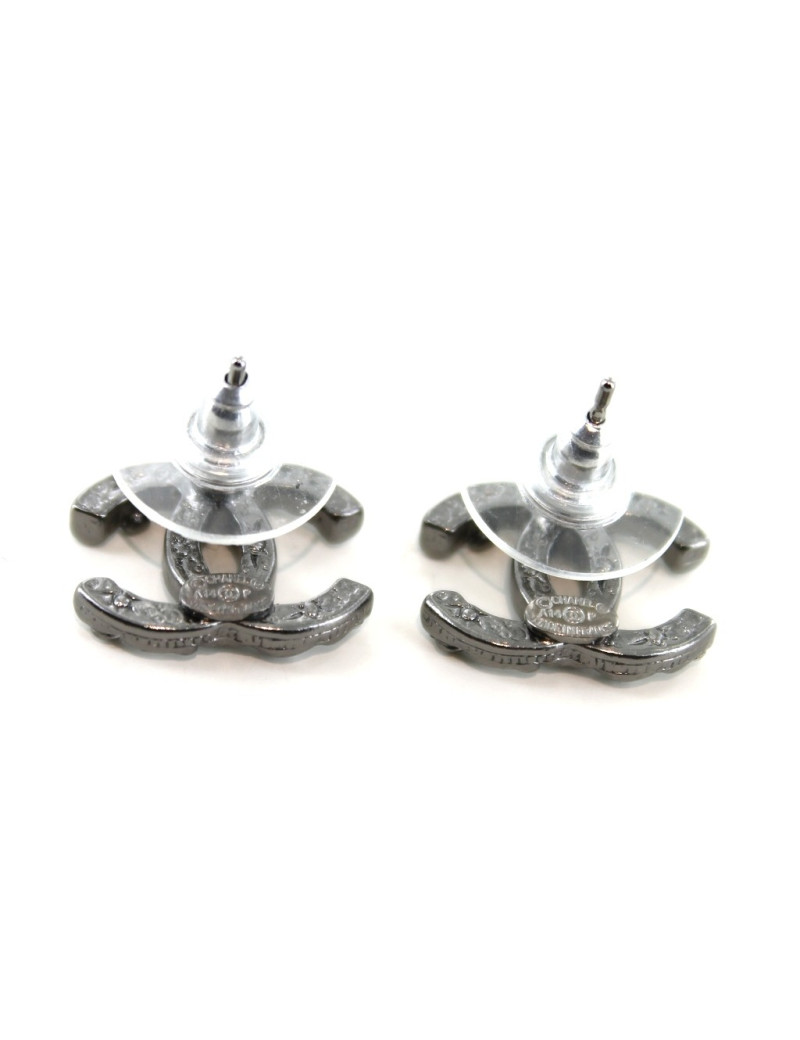 Boucles d'oreilles CHANEL en métal argenté noir 