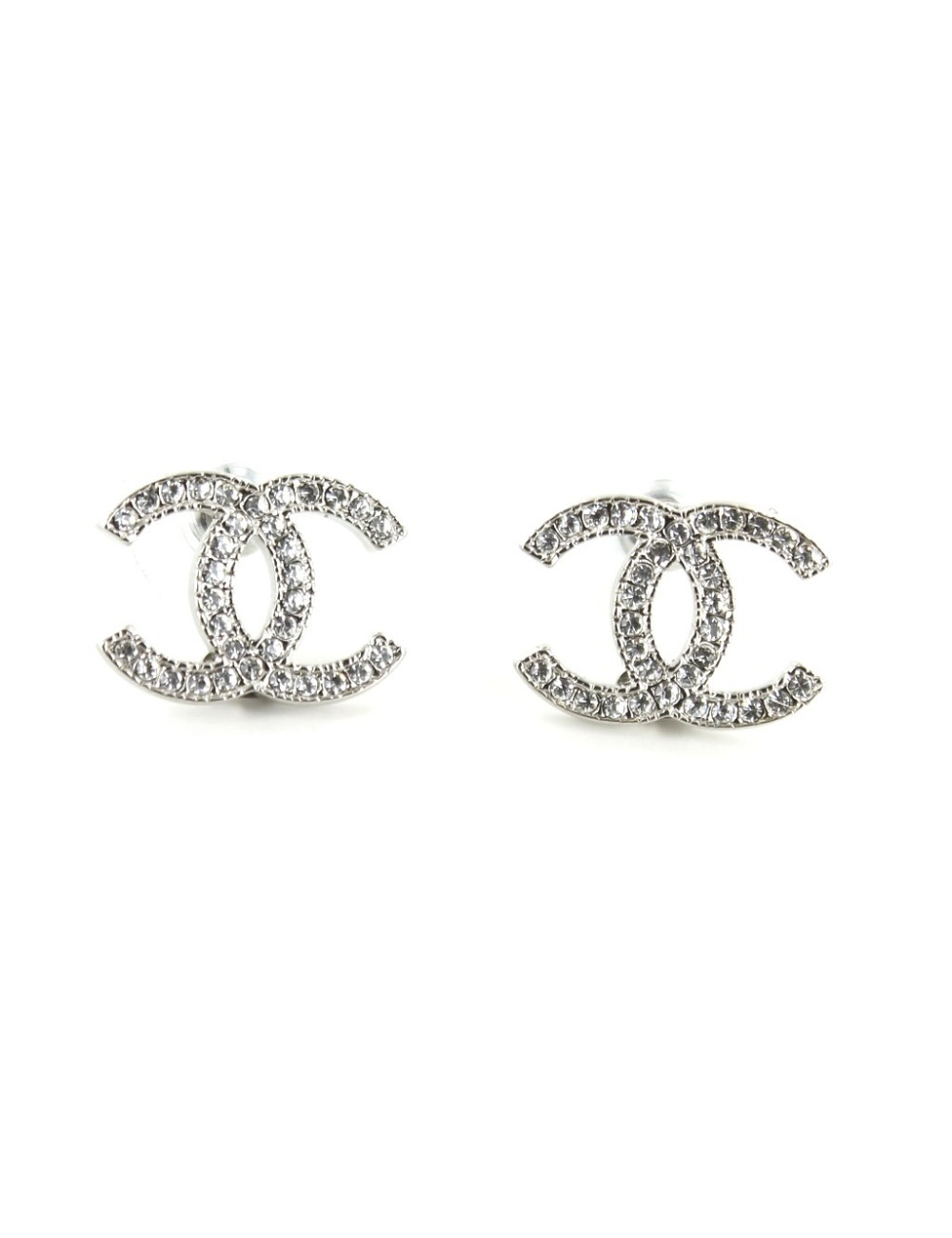 Boucles d'oreilles CHANEL CC sertis de strass argent