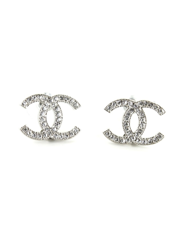 Boucles d'oreilles CHANEL CC sertis de strass argent