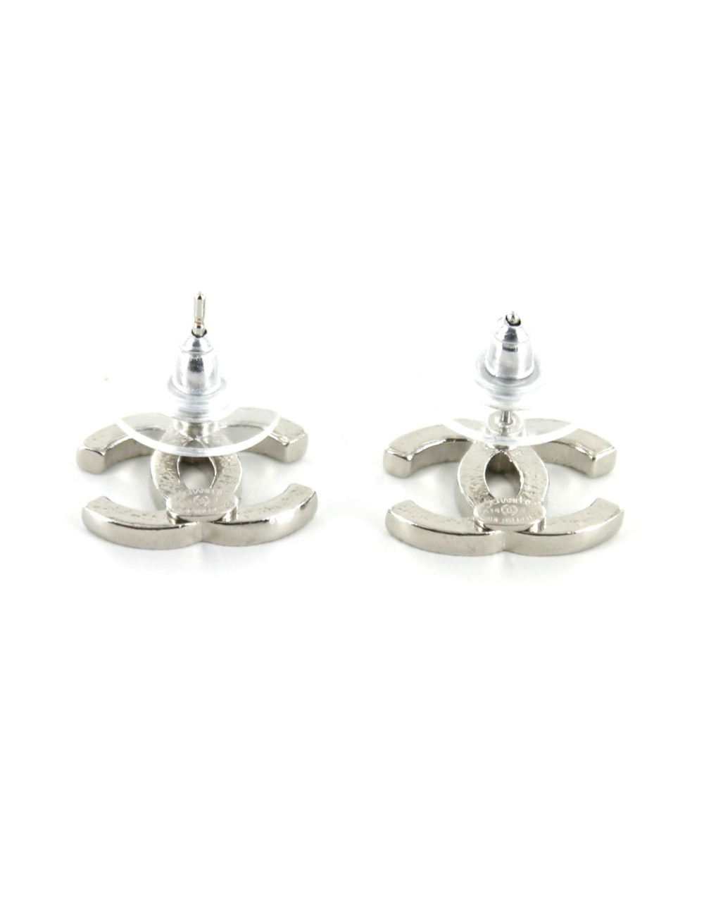 Boucles d'oreilles CHANEL CC sertis de strass argent