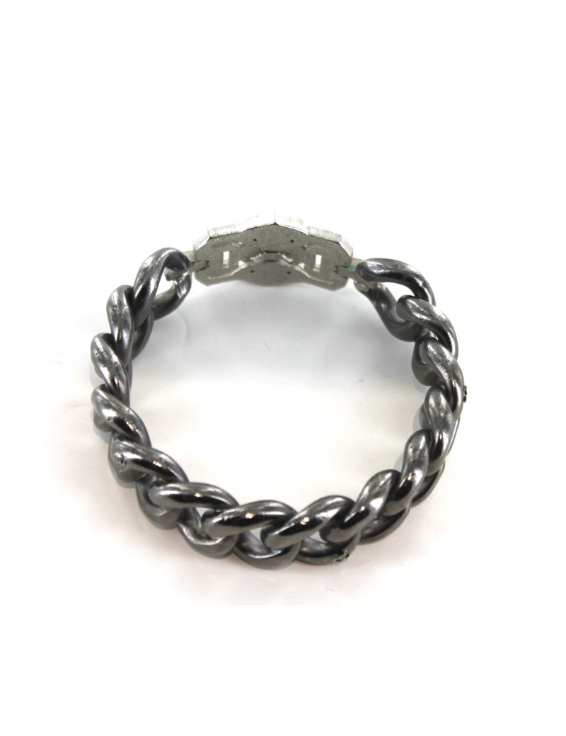 Bracelet CHANEL chaîne gourmette métal argenté noir et plaque sertie de strass