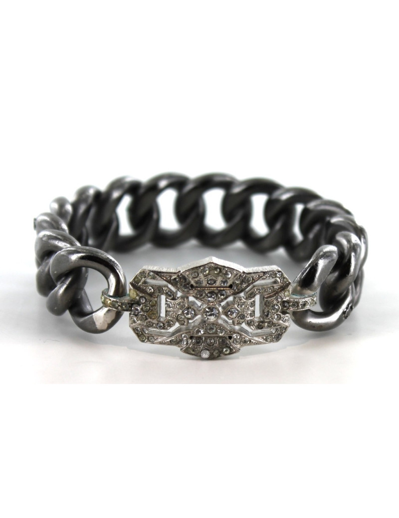 Bracelet CHANEL chaîne gourmette métal argenté noir et plaque sertie de strass