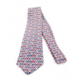 HERMES tie printed silk fleur de lis (blue, grey and red)