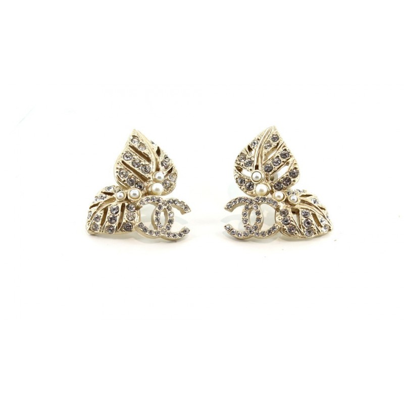 CHANEL earrings leaves gold metal pale, silver rhinestones and pearls -  VALOIS VINTAGE PARIS