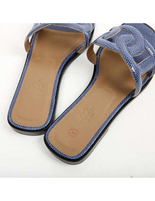 Sandales Omaha HERMES lézard bleu maritime T37