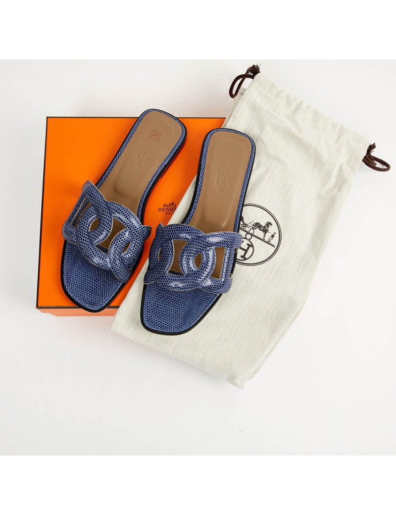 Sandales Omaha HERMES lézard bleu maritime T37