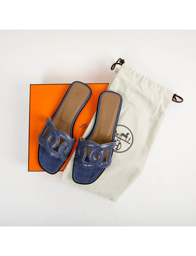 Sandales Omaha HERMES lézard bleu maritime T37