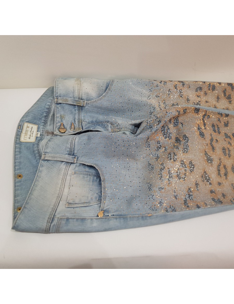 Jean MET bleu ciel à strass dorés et noirs